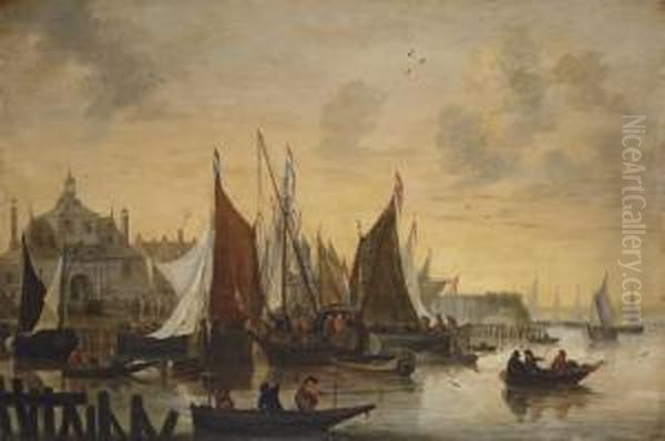 View Of The Oude Hoofdpoort, Rotterdam, With Sportsmen Shooting Duck In The Foreground Oil Painting by Hendrick De Meijer