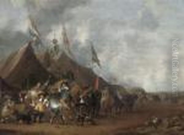 A Military Encampment With Soldiers Smoking And Drinking Oil Painting by Hendrick De Meijer