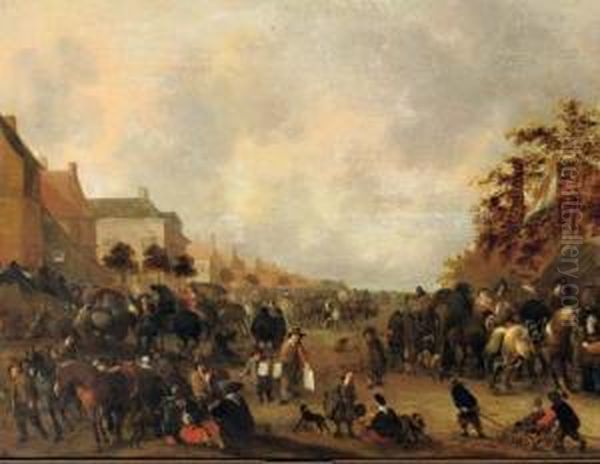 Horsemen, Peasants And Other Figures In A Busy Village Street Oil Painting by Hendrick De Meijer