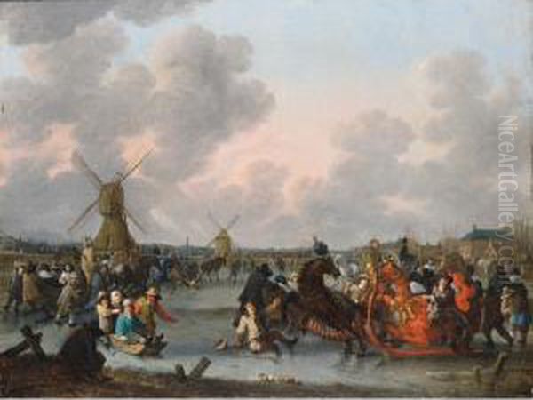 Ice Skaters And A Decorated 
Horse-drawn Sleigh On A Frozen River With Windmills And A Town Beyond Oil Painting by Hendrick De Meijer