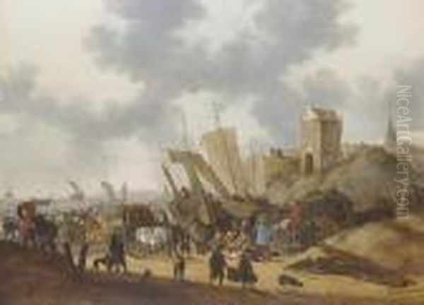 The Beach At Scheveningen With Fishermen Unloading Their Catch And Shipping Beyond Oil Painting by Hendrick De Meijer