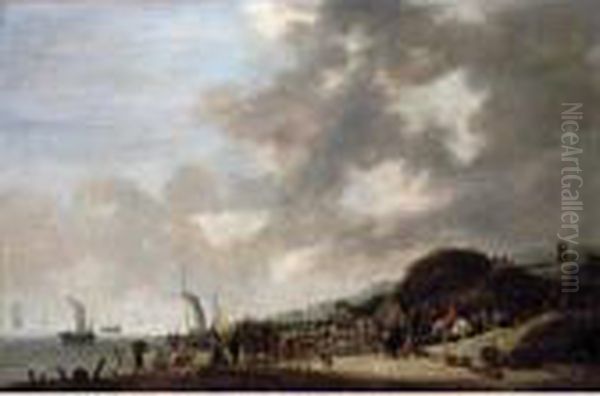 A Coastal Scene With Fishermen Unloading Their Catch Onto The Beach Oil Painting by Hendrick De Meijer