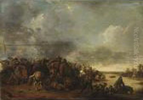 Cavalry Battle Scene Near A River Oil Painting by Hendrick De Meijer