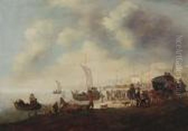 Fishermen And Townsfolk On The Beach At Scheveningen Oil Painting by Hendrick De Meijer