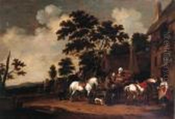 Travellers Halting Outside The Swan Inn Oil Painting by Hendrick De Meijer