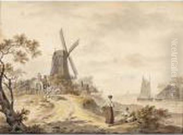 A Horsedrawn Cart With A Family 
Before A Windmill, Two Women Near The River, A Village In The Background Oil Painting by Hendrik Meijer