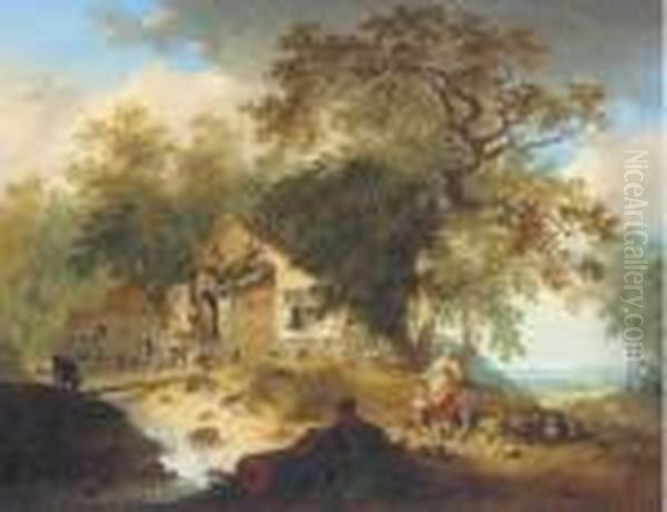 A Wooded River Landscape With Peasants Resting By A Cottage Oil Painting by Hendrik Meijer