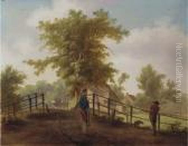 A Landscape With Two Men And A Dog On A Bridge Oil Painting by Hendrik Meijer