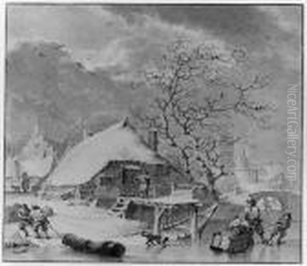 Winter: Figures On The Ice Near A House, A Church Beyond Oil Painting by Hendrik Meijer