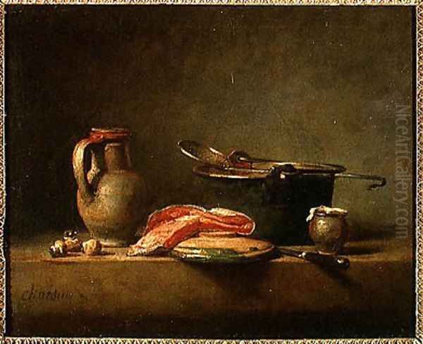 Copper Cauldron with a Pitcher and a Slice of Salmon Oil Painting by Jean-Baptiste-Simeon Chardin