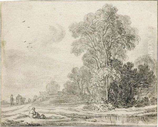 Landscape With Peopleresting By A River, 
With Team Of Horses In Thebackground. Oil Painting by Pieter De Molijn