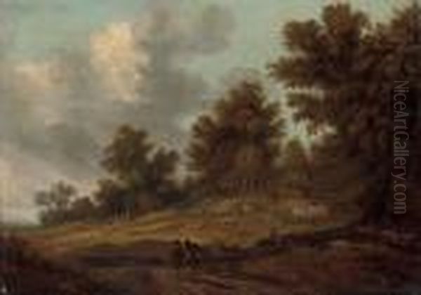 A Wooded Landscape With A Traveller And Cart On A Track Oil Painting by Pieter De Molijn