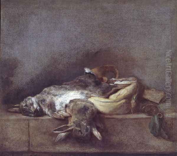 Still Life with Rabbits, a Gamebag and a Powder Horn, c.1755 Oil Painting by Jean-Baptiste-Simeon Chardin