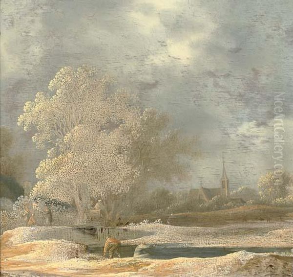 A River Landscape With Anglers On A River Bank Oil Painting by Pieter De Molijn