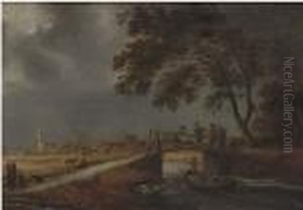 A Stormy Landscape With Travellers On A Bridge Oil Painting by Pieter De Molijn