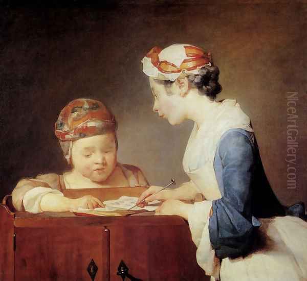 The Young Schoolmistress c. 1736 Oil Painting by Jean-Baptiste-Simeon Chardin