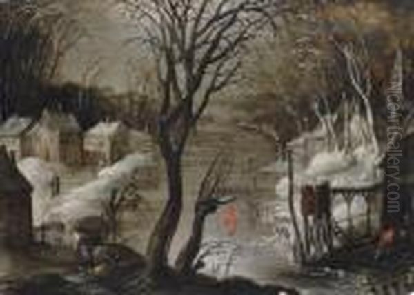 A Winter Landscape With Figures Skating And A Town Beyond Oil Painting by Frans de Momper