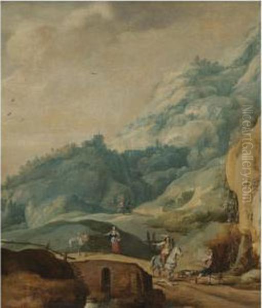 A Mountainous Landscape With A Cavalier And A Huntsman In The Foreground Oil Painting by Frans de Momper