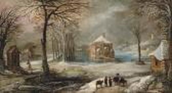 An Extensive Winter Village Landscape With Peasants And Their Mules On A Path Oil Painting by Frans de Momper