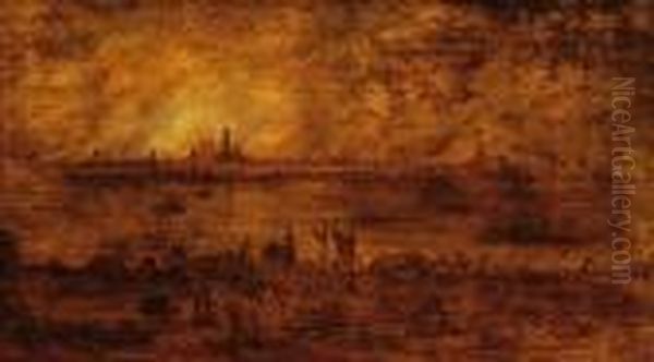 View Of The Schelde And A Burning City Of Antwerp Oil Painting by Frans de Momper