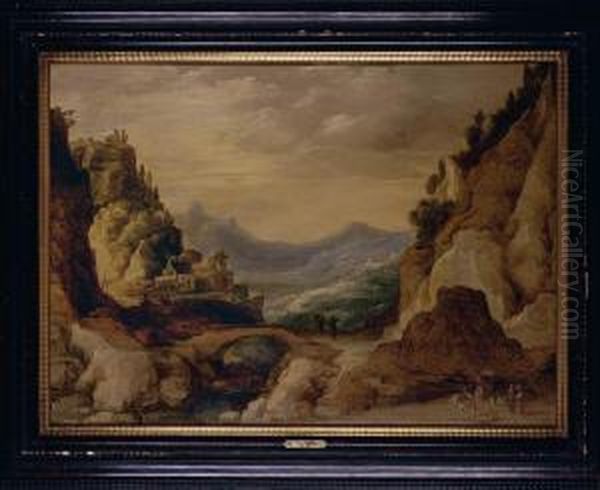 Mountainous Landscape With A 
Three-horse Cart In The Foreground Travellers 
Beside A Bridge And A Clifftop Town Beyond Oil Painting by Frans de Momper