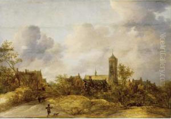 A Dune Landscape With Travellers On A Path Near A Town Oil Painting by Frans de Momper