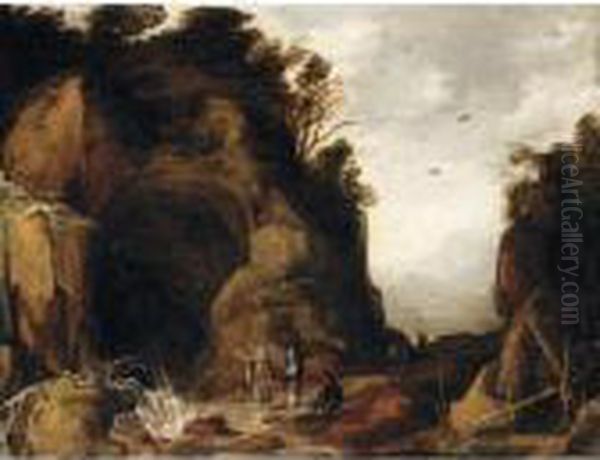 A Mountainous Landscape With Travellers And A Hermit Outside A Cave With A Waterfall Oil Painting by Frans de Momper