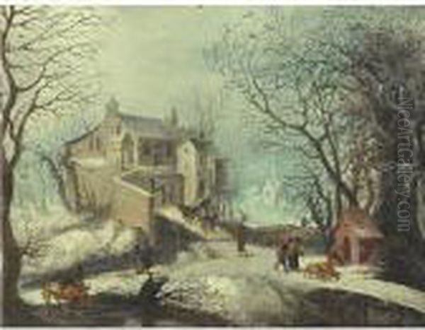 Winter Landscape With Figures, Animals And A Town On A River Oil Painting by Frans de Momper