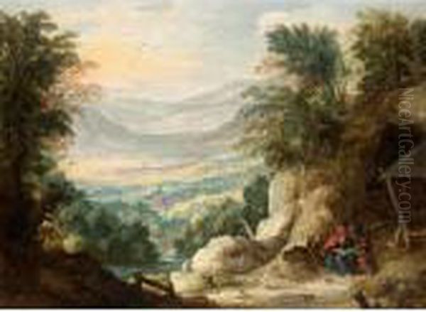 An Extensive Mountainous Landscape With Two Hermits Reading In The Foreground Oil Painting by Frans de Momper