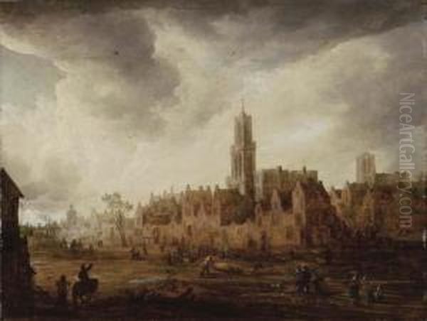 A View Of Antwerp With Townsfolk In The Foreground Oil Painting by Frans de Momper