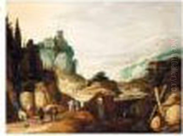 An Extensive Mountain Landscape With Travellers Drinking From A Stream, A Bridge Beyond Oil Painting by Frans de Momper