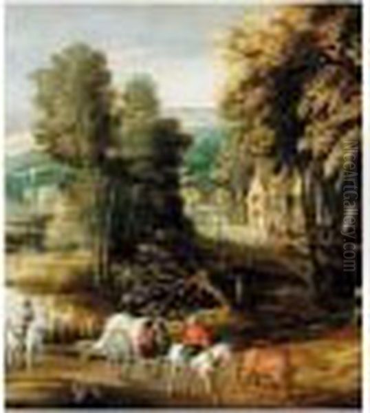 Landscape With Waggoners Beside A River, With A Village Beyond Oil Painting by Frans de Momper