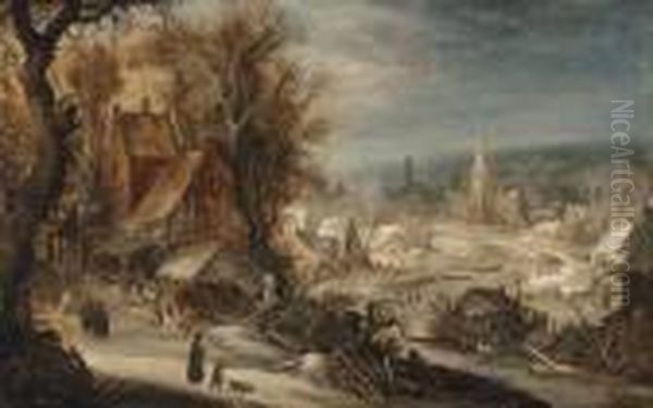 A Winter River Landscape With A Town Oil Painting by Frans de Momper