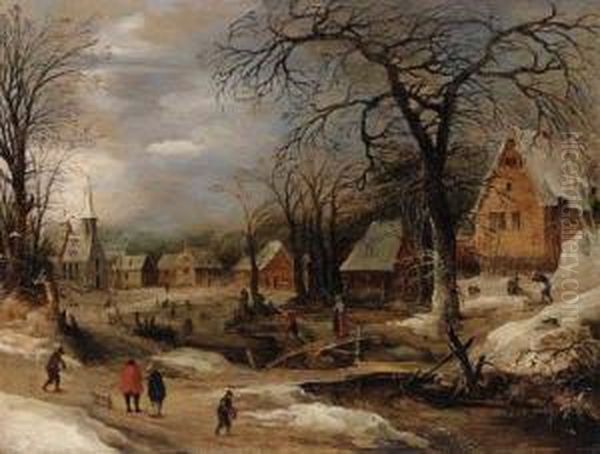 A Village Scene In Winter With Peasants By A River Oil Painting by Frans de Momper