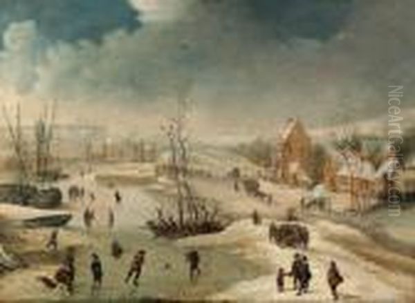 A Village In Winter With Figures Skating On A Frozen River Oil Painting by Frans de Momper