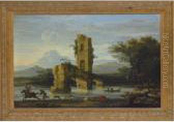 Italianate River Landscape With A Rider And A Ruined Bridge Oil Painting by Francois de Nome (Monsu, Desiderio)