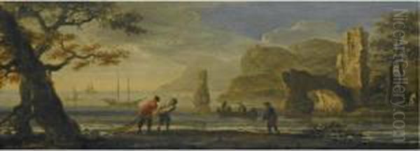 An Italianate Coastal Landscape With Fishermen Hauling In Their Nets Oil Painting by Francois de Nome (Monsu, Desiderio)