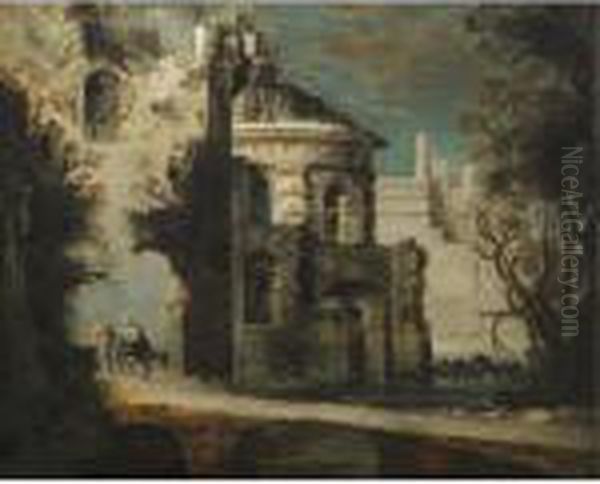 An Architectural Capriccio Of Roman Ruins With The Flight Into Egypt Oil Painting by Francois de Nome (Monsu, Desiderio)