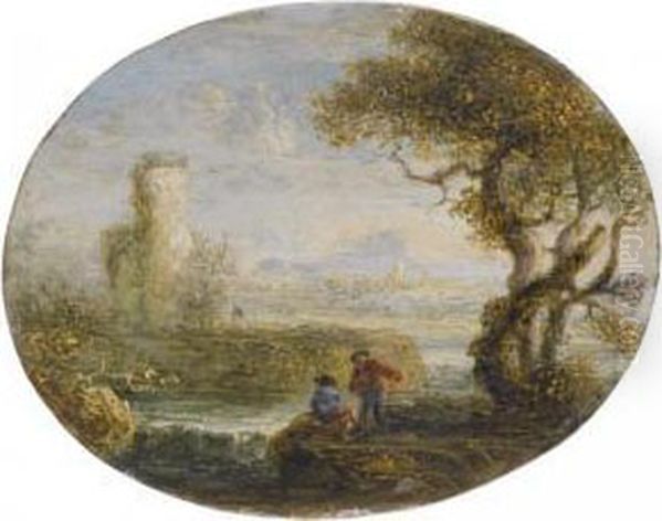 An Italianate River Landscape With Two Figures Fishing Oil Painting by Francois de Nome (Monsu, Desiderio)