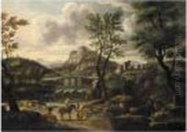 An Italianate Landscape, With Figures Resting Before A River, A Town Beyond Oil Painting by Francois de Nome (Monsu, Desiderio)