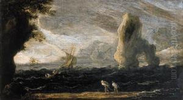 A Rocky Coastal Landscape With Fishermen Hauling In Their Nets, Asa Storm Approaches Oil Painting by Francois de Nome (Monsu, Desiderio)