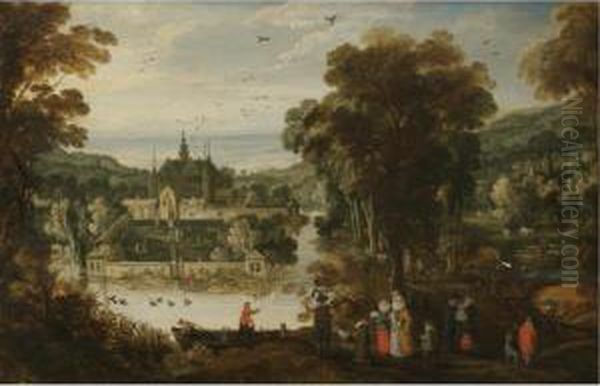 A Landscape With A Moated Palace, And Figures Awaiting The Ferry On The Near Side Oil Painting by Philippe I De Momper