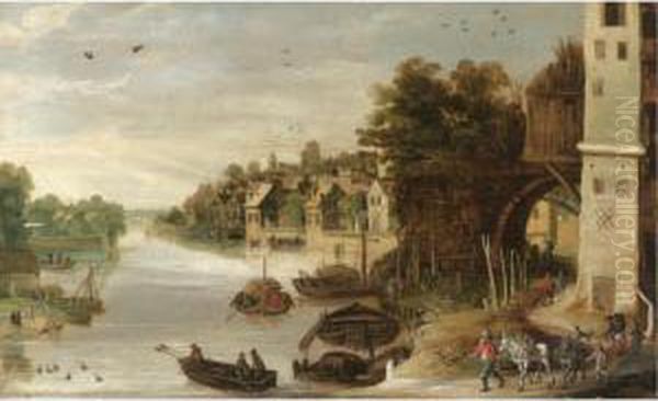 A Village Scene By A River, Said To Be A View Of Treviso Oil Painting by Philippe I De Momper