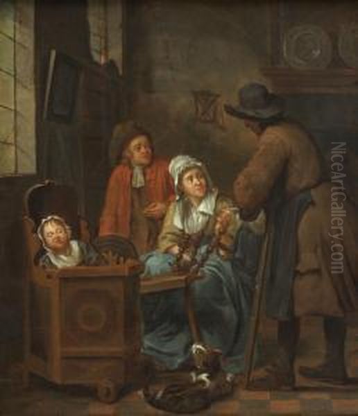 Interior Withwoman At The 
Spinning-wheel, Next To Her A Man Leaning On A Chair.on The Left A 
Little Child Sleeping In Its Chair Oil Painting by Louis de Moni