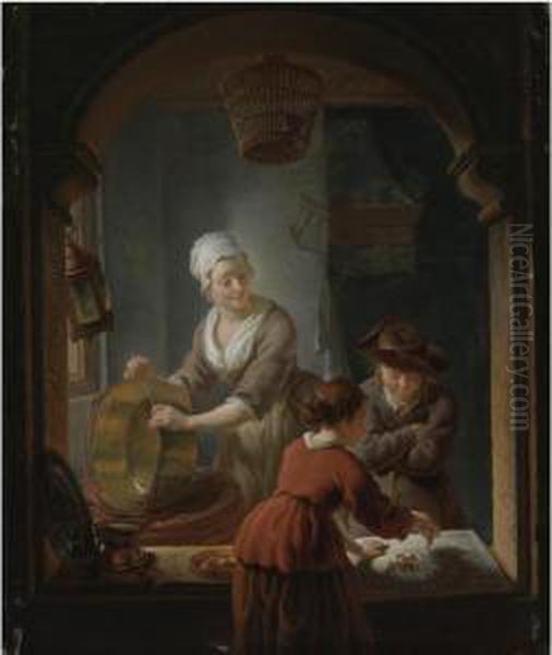 An Interior With A Kitchen Maid 
Cleaning A Copper Pot And A Youth And Young Woman Playing Jeu De L'oie Oil Painting by Louis de Moni