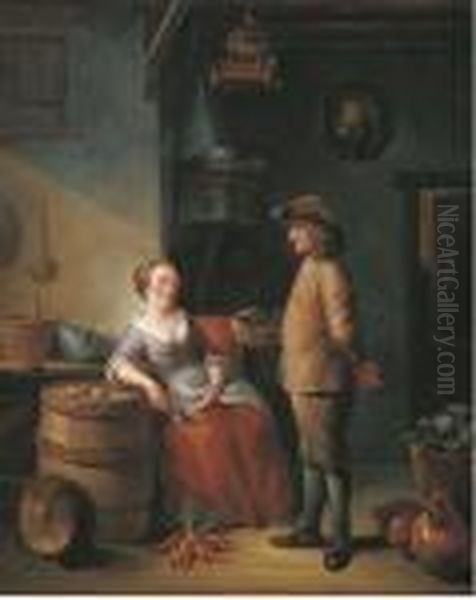 A Kitchen Interior With Two Servants Conversing Oil Painting by Louis de Moni