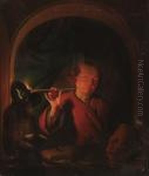 A Man Lighting A Pipe At A Casement With A Bust, A Statuette Andbooks On A Ledge Oil Painting by Louis de Moni