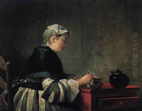 Woman Taking Tea 1735 Oil Painting by Jean-Baptiste-Simeon Chardin