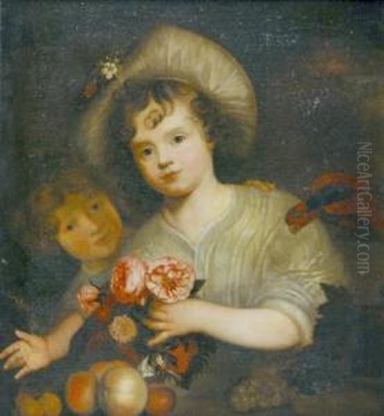 Dutch, - Children With Flowers,fruit And A Parrot Oil Painting by Karel De Moor