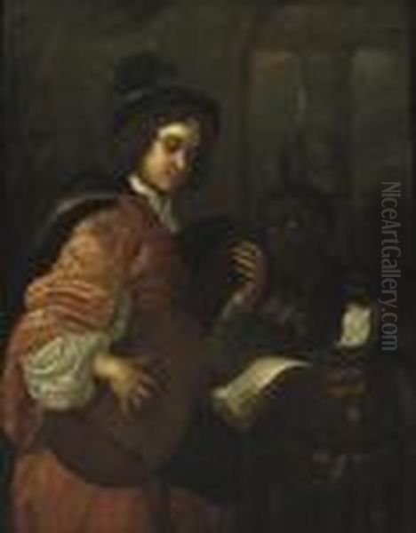 A Man Playing The Lute With A Servant Holding A Music Sheet Oil Painting by Karel De Moor